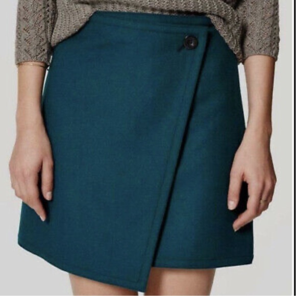 Ann Taylor LOFT Wool Blend Mini Wrap Skirt A-line Asymmetrical Teal Sz 4 - Picture 2 of 10